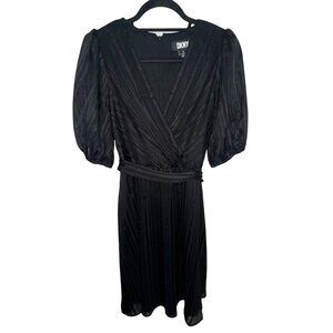 DKNY Black W/ Silver Metallic Striped Faux Wrap Dress W Tie Belt  Sz 8 NWT